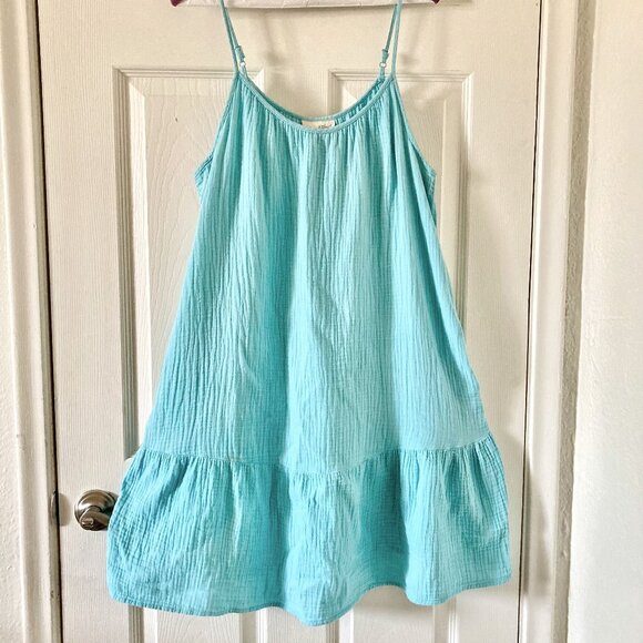 Great Condition,SZ M, Aqua Blue Cotton Crinkle Gauze Mini Dress or Swim Cover Up - Picture 1 of 5